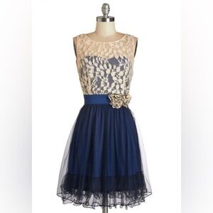 Ryu Lace Overlay Dress in Cream and Blue